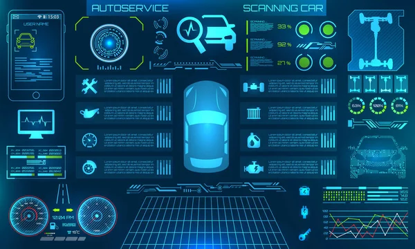 Condição dos diagnósticos do hardware do carro, varredura, teste, monitoração, análise, verificação. IU HUD —  Vetores de Stock