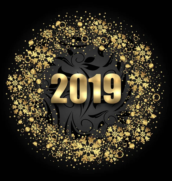 Zesvětlit Kulatý rám s zlaté vločky na černém pozadí pro šťastný nový rok 2019 — Stockový vektor