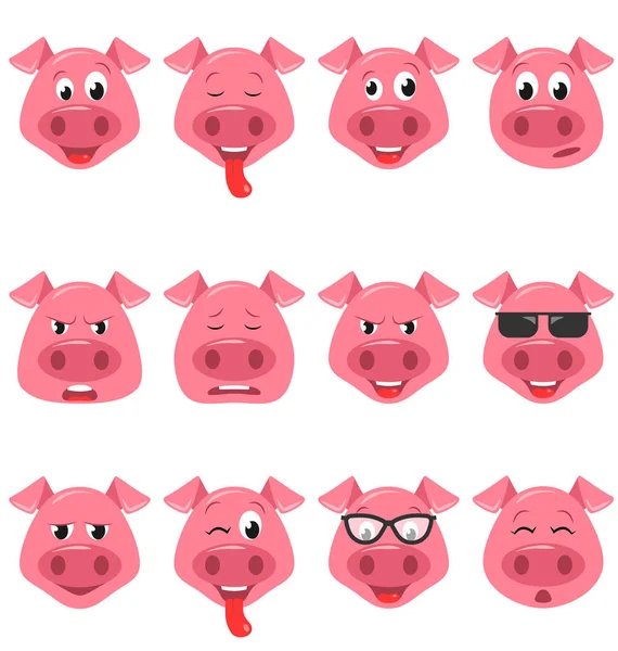 Têtes de cool drôle cochon émoticône personnages, heureux, cool, colère, émotions fatiguées. Set Avatars — Image vectorielle