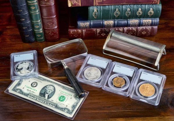 Coin Collection Table Literature — Stock Photo, Image