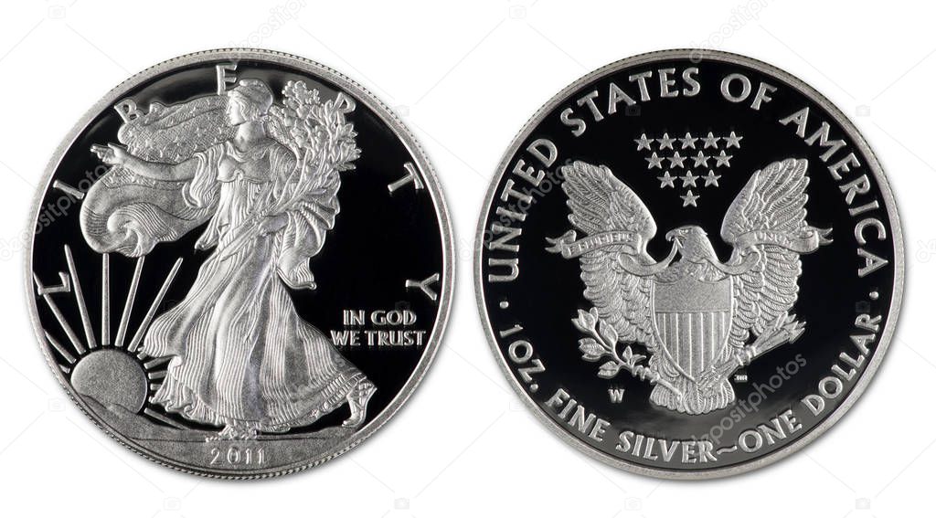 2011 silver eagle dollar proof coin showing both sides.