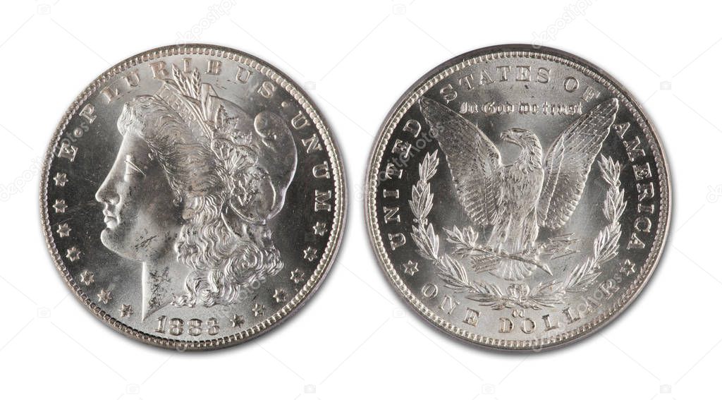 Antique Morgan silver dollar dated 1883 cc showing front and back of coin.