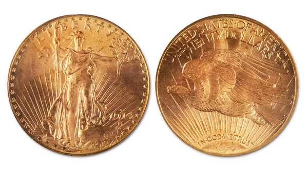 古董二十美元双鹰金币 日期1914和显示硬币的正面和背面 — 图库照片