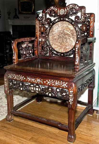 Antique Chinese Throne Chair Mother Pearl Inlays Made 1880 — Stock Photo, Image