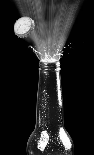 Beer Bottle Popping Its Cap Black White — Stock Photo, Image