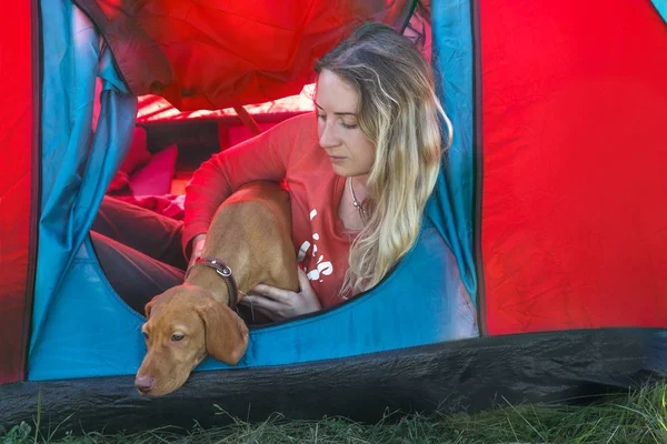 Meisje Met Een Hond Een Tent — Stockfoto