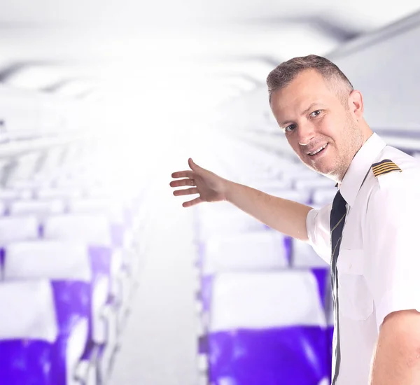 Smiling Captain Invites You Plane — Stock Photo, Image