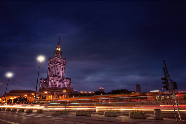 warsaw center at night and the palace of culture and science