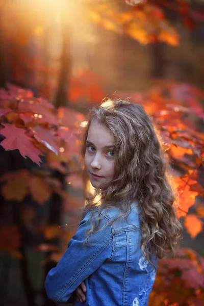 Felice Giovane Adolescente Autunno Una Foresta Soleggiata — Foto Stock
