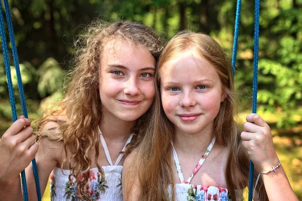 Two Smiling Girls Friends Swing — Stock Photo, Image