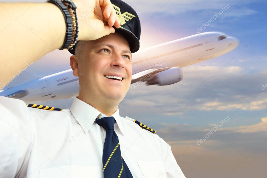 Airplane captain pilot in uniform at the airport