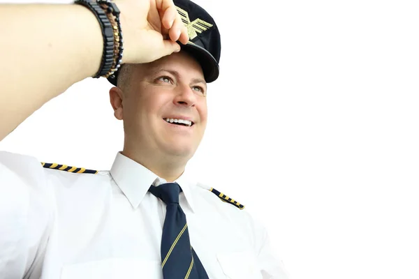 Üniformalı Kaptan Pilot Beyazda Izole Edilmiş — Stok fotoğraf