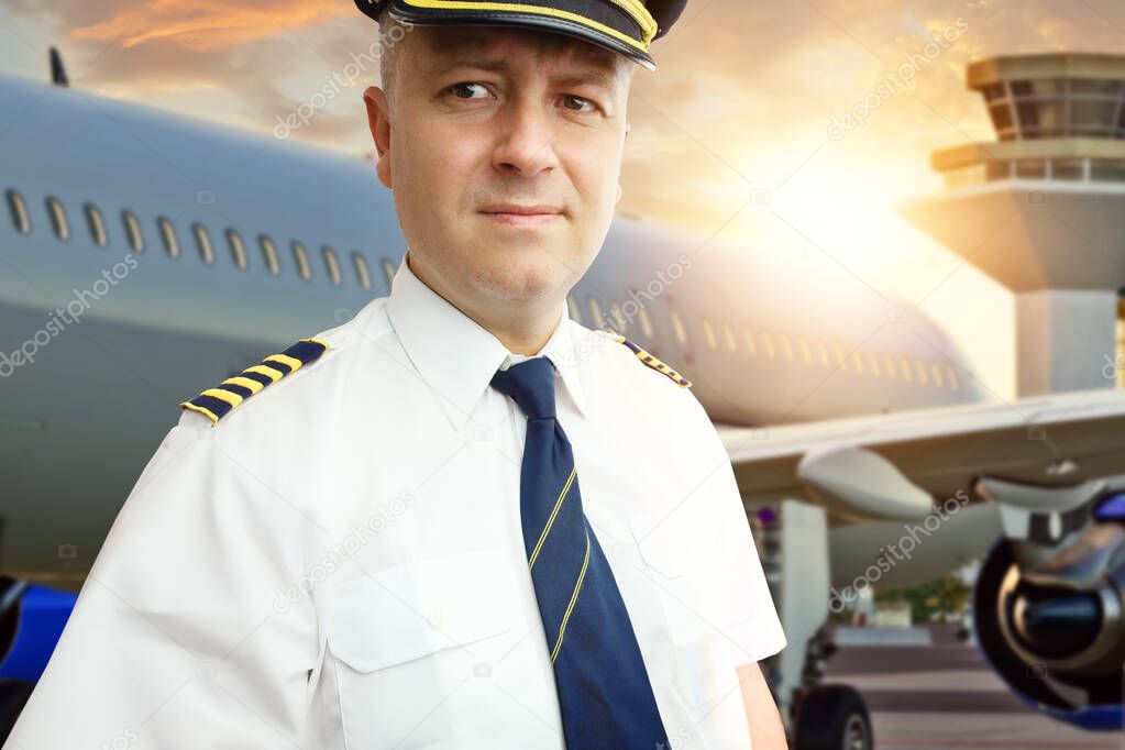 Airplane captain pilot in uniform at the airport