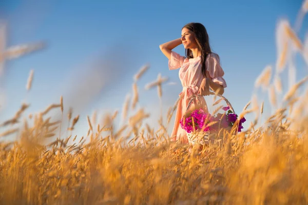 Junge Frau Weizenfeld Bei Sonnenuntergang — Stockfoto