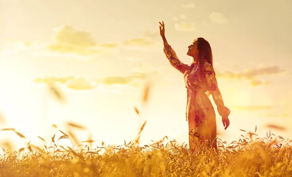 Junge Frau Weizenfeld Bei Sonnenuntergang — Stockfoto