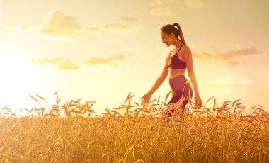 gün batımında buğday alanında genç kız