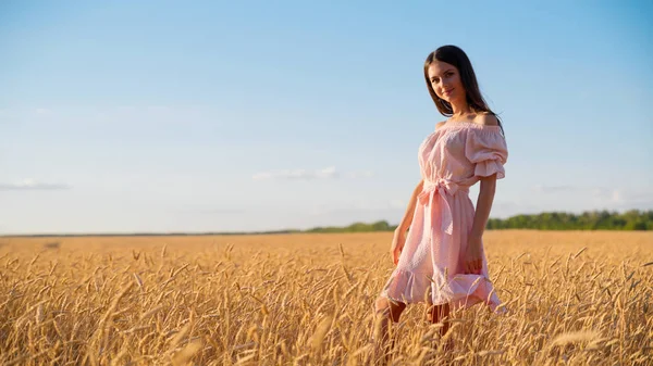 Gün Batımında Buğday Alanında Genç Kız — Stok fotoğraf