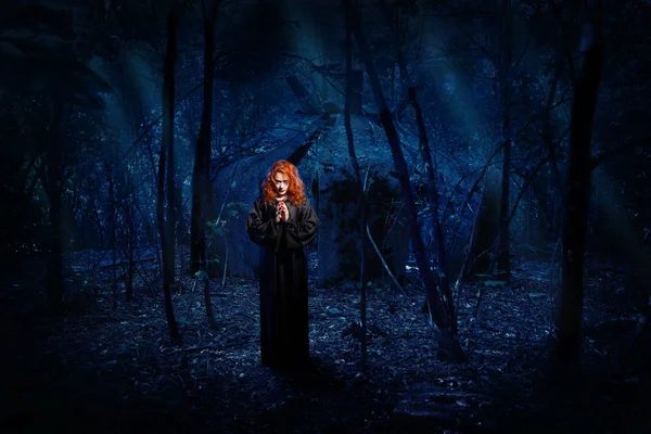 Young Witch Night Forest — Stock Photo, Image