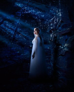 Genç elf kızı gece ormanda