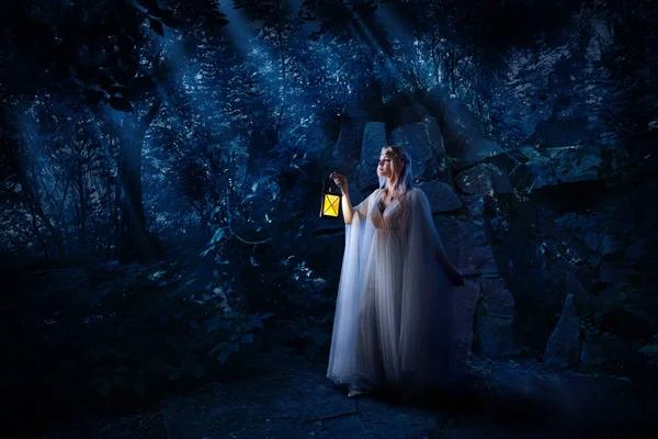 Young Elf Girl Night Forest — Stock Photo, Image