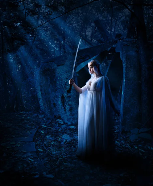 Genç Elf Kızı Gece Ormanda — Stok fotoğraf