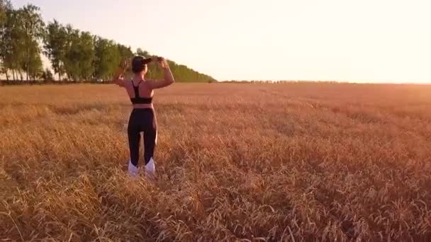 Молодая Спортсменка Бегунья Пшеничном Поле — стоковое видео