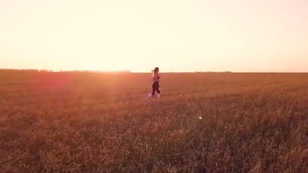 Young Sporty Girl Runner Wheat Field — Stock Video