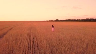Genç kız buğday sahada yürüyüş