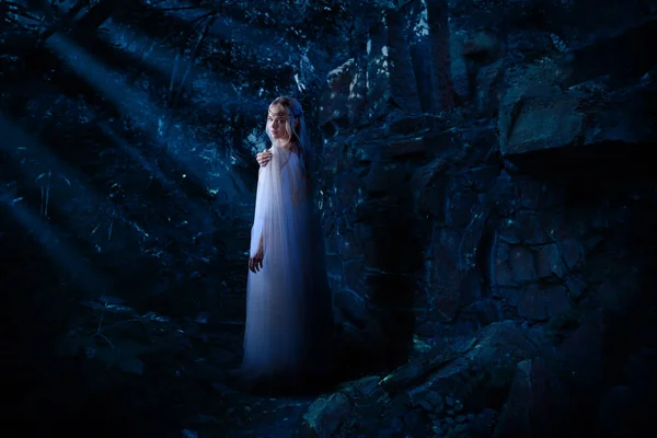 Młody Elf Dziewczyna Nocy Lesie — Zdjęcie stockowe