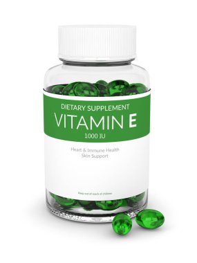 E vitamini hapları şişe beyaz arka plan üzerinde 3D render. Diyet takviyeleri kavramı