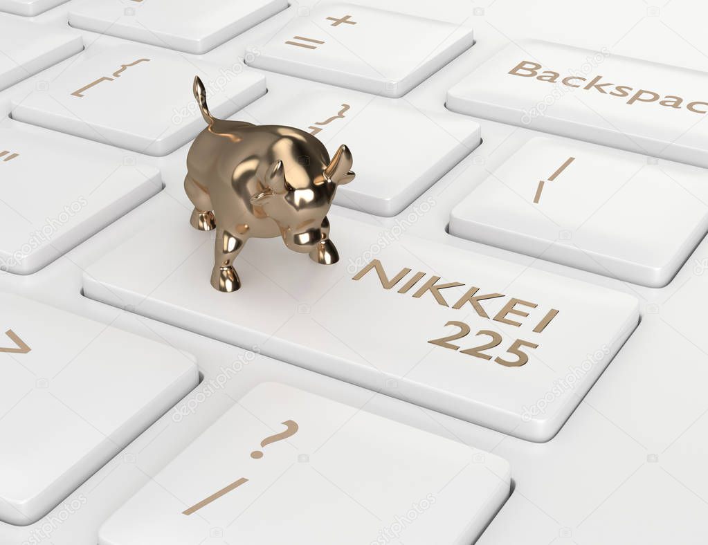 3d render closeup of computer keyboard with bull and NIKKEI 225  index button. Stock market indexes concept. 