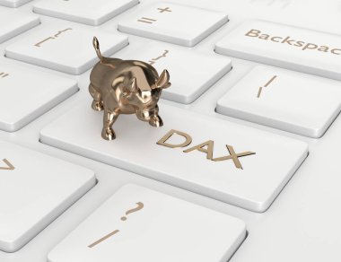 3d render closeup of computer keyboard with DAX index button and bull. Stock market indexes concept.  clipart