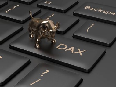 3d render closeup of computer keyboard with DAX index button and bull. Stock market indexes concept.  clipart