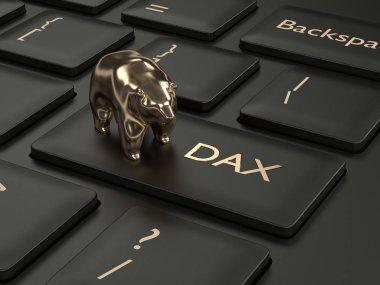 3d render closeup of computer keyboard with DAX index button and bear. Stock market indexes concept.  clipart