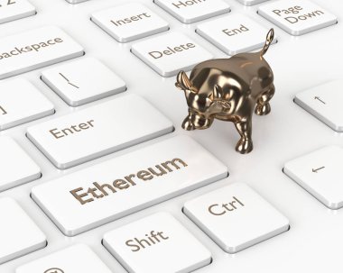 bilgisayar klavye Ethereum düğme ve boğa ile 3D render. Cryptocurrencies kavramı.