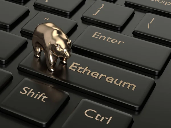 Ethereum ボタンとクマのコンピューターのキーボードの のレンダリング Cryptocurrencies コンセプト — ストック写真