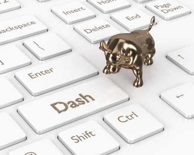 bilgisayar klavye Dash düğmesi ve boğa ile 3D render. Cryptocurrencies kavramı.