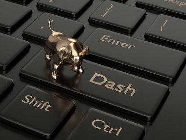 bilgisayar klavye Dash düğmesi ve boğa ile 3D render. Cryptocurrencies kavramı.
