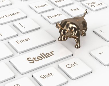 bilgisayar klavye yıldız düğmesi ve boğa ile 3D render. Cryptocurrencies kavramı.