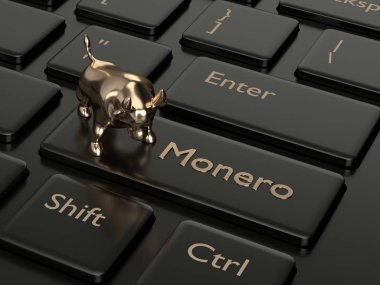 bilgisayar klavye Monero düğmesi ve boğa ile 3D render. Cryptocurrencies kavramı.