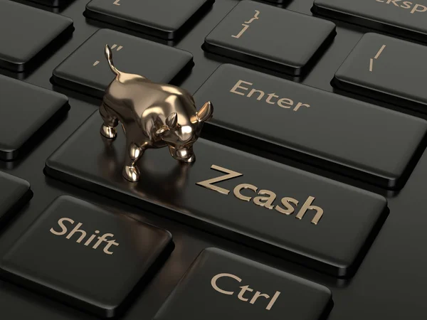 Zcash ボタンと雄牛のコンピューターのキーボードの のレンダリング Cryptocurrencies コンセプト — ストック写真