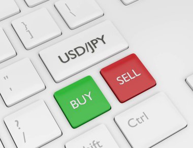 bilgisayar klavye yen ve dolar tuşu ile 3D render. Forex döviz çiftleri kavramı.