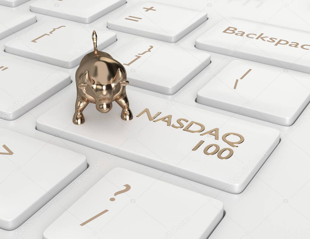 3d render closeup of computer keyboard with NASDAQ 100 index button and bull. Stock market indexes concept. 