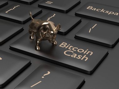 bilgisayar klavye Bitcoin nakit düğmesi ve boğa ile 3D render. Cryptocurrencies kavramı.