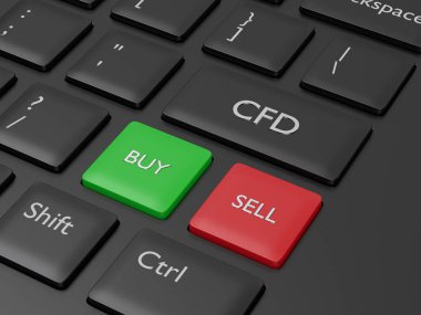 3d render of computer keyboard with CFD button. Stock market issue concept clipart