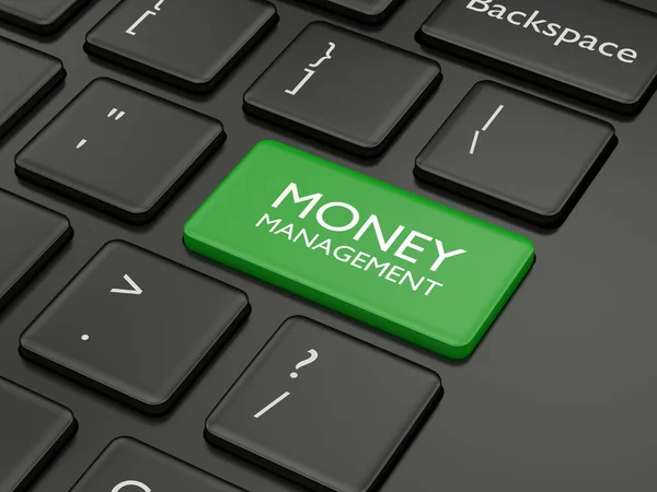 Render Datorns Tangentbord Med Money Management Knappen Aktiemarknaden Ämne — Stockfoto