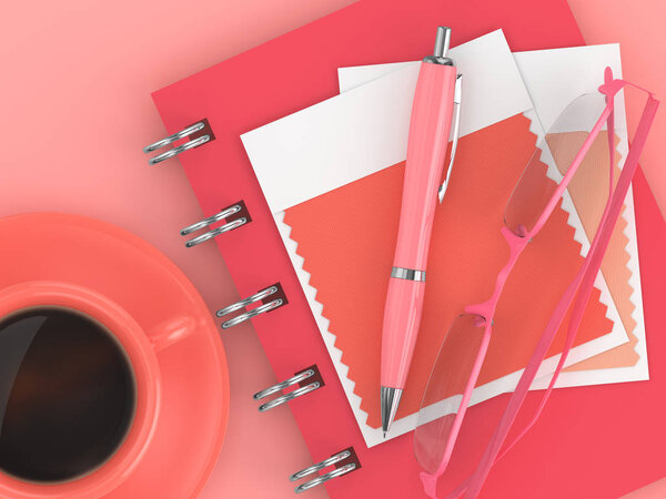 3d render of stationery with  textile color swatch lying on  desk. Living coral. Color of the year 2019.