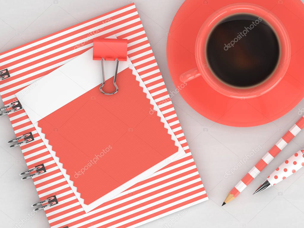 3d render of stationery with  textile color swatch lying on wooden desk. Living coral. Color of the year 2019.