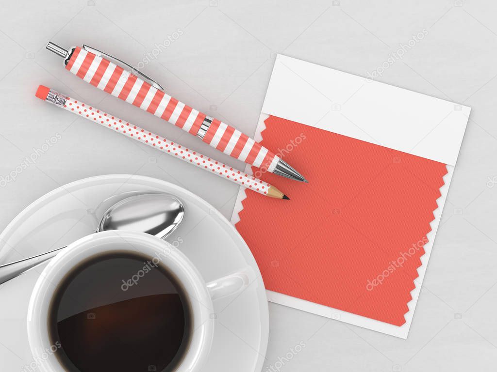 3d render of stationery with  textile color swatch lying on wooden desk. Living coral. Color of the year 2019.