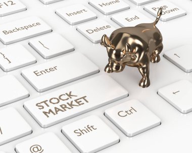 bilgisayar klavye borsa düğmesi ve boğa ile 3D render